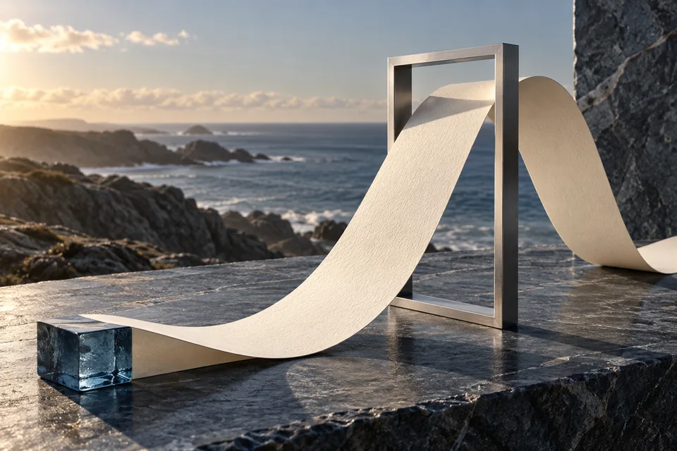 Composición conceptual de una cinta de papel que atraviesa un marco junto al Atlántico.
