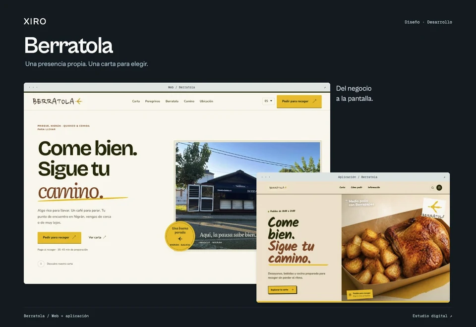 Portada de Berratola: web y aplicación de comidas, con el marco gráfico de Xiro