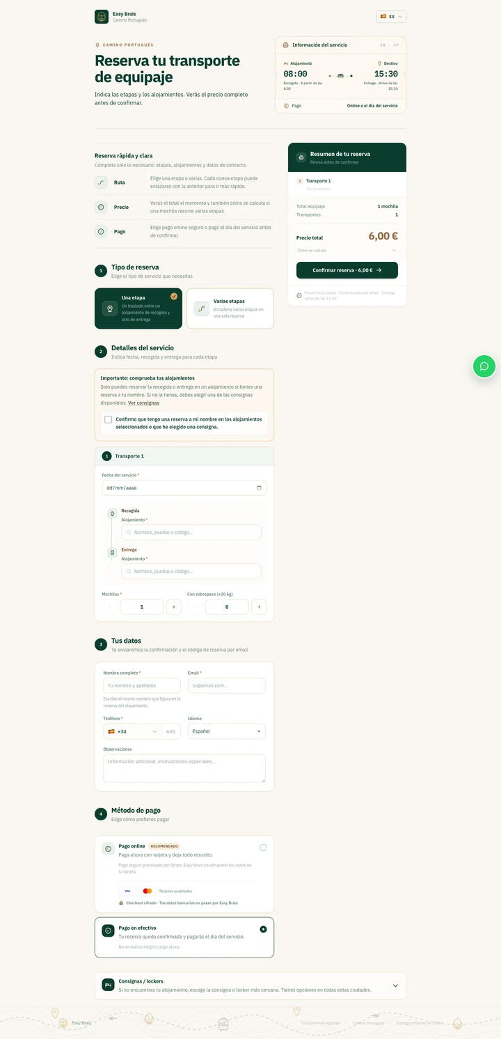 Interfaz real de Easy Brais: reserva de transporte de equipaje y resumen del servicio.